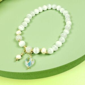 Brand New White Opal Stone With Crystal Heart Bracelet